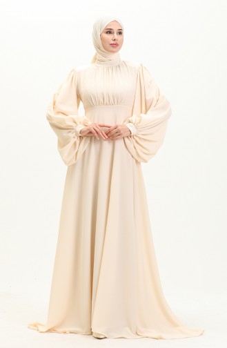 Oyya Ballonärmel Einfaches Abendkleid 238479-01 Creme 238479-01