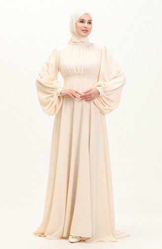 Oyya Ballonärmel Einfaches Abendkleid 238479-01 Creme 238479-01