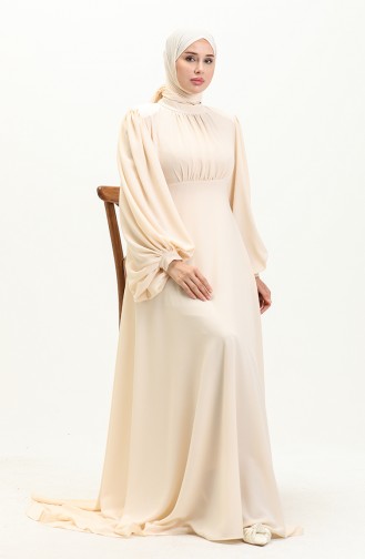 Oyya Ballonärmel Einfaches Abendkleid 238479-01 Creme 238479-01