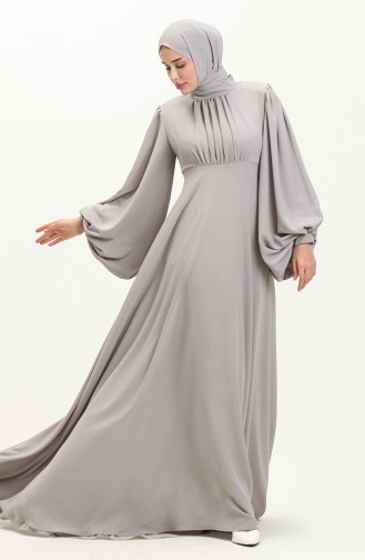 Oyya Robe de Soirée Unie à Manches Ballon 238479-02 Gris 238479-02