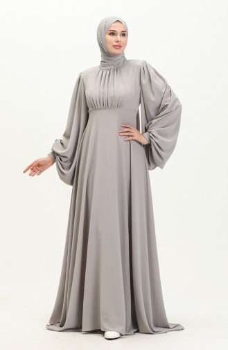 Oyya Robe de Soirée Unie à Manches Ballon 238479-02 Gris 238479-02