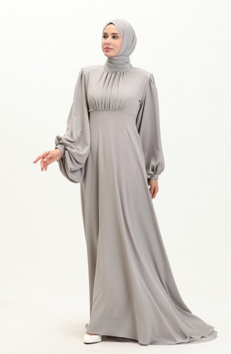 Oyya Balloon Sleeve Plain Evening Dress 238479-02 Gray 238479-02