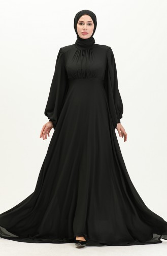 Oyya Robe de Soirée Unie à Manches Ballon 238479-03 Noir 238479-03