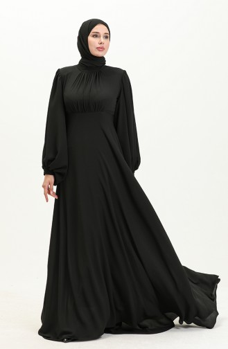 Oyya Robe de Soirée Unie à Manches Ballon 238479-03 Noir 238479-03