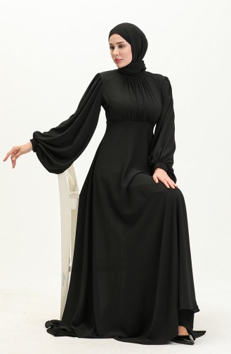 Oyya Robe de Soirée Unie à Manches Ballon 238479-03 Noir 238479-03