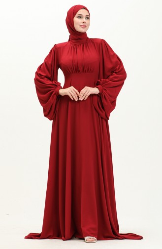 Oyya Balloon Sleeve Plain Evening Dress 238479-04 Claret Red 238479-04