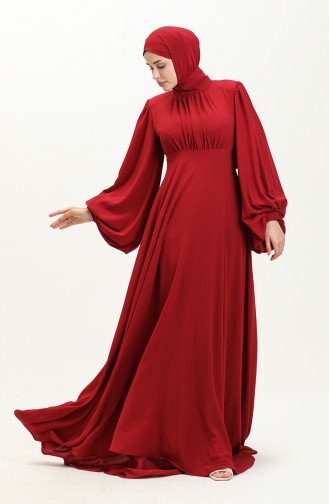 Oyya Balloon Sleeve Plain Evening Dress 238479-04 Claret Red 238479-04