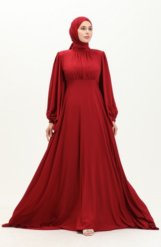 Oyya Balloon Sleeve Plain Evening Dress 238479-04 Claret Red 238479-04