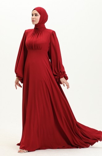 Oyya Balloon Sleeve Plain Evening Dress 238479-04 Claret Red 238479-04