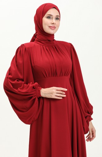 Oyya Balloon Sleeve Plain Evening Dress 238479-04 Claret Red 238479-04