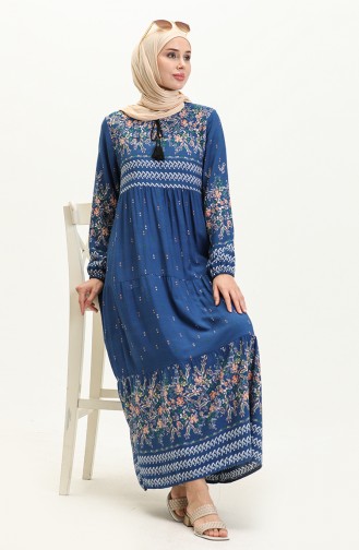 Robe en Viscose à Motifs 5073-10 İndigo Foncé 5073-10