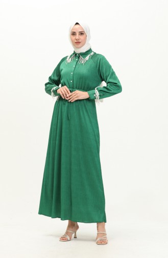 فستان بتصميم لؤلؤ 71108-04 أخضر زمردي 71108-04