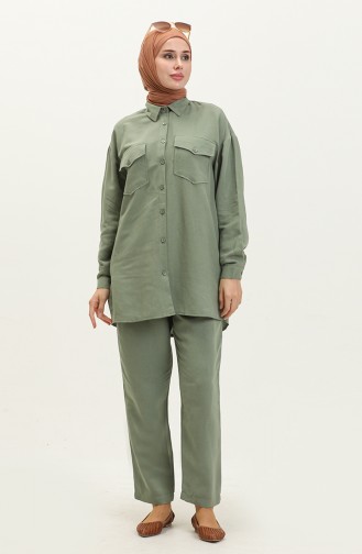Keten Cepli Tunik Pantolon İkili Takım 4428-05 Mint Yeşili