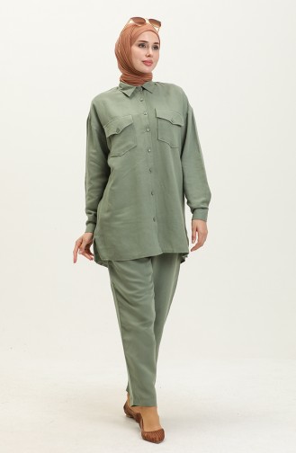 Keten Cepli Tunik Pantolon İkili Takım 4428-05 Mint Yeşili
