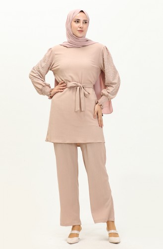 Ensemble Pantalon Tunique avec Perles 71130-03 Beige 71130-03