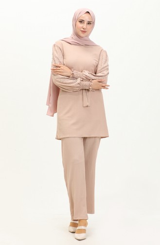 Ensemble Pantalon Tunique avec Perles 71130-03 Beige 71130-03