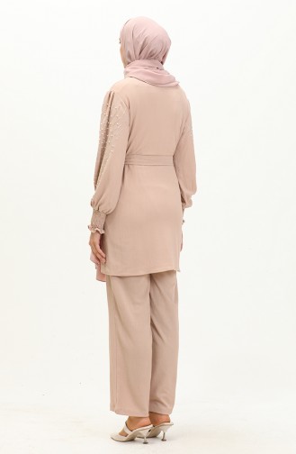 Ensemble Pantalon Tunique avec Perles 71130-03 Beige 71130-03