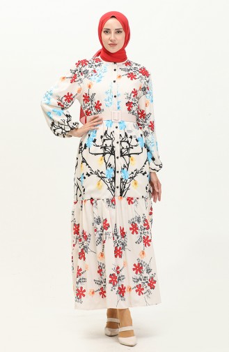 Robe à Ceinture et à Motifs 1028-01 Écru 1028-01