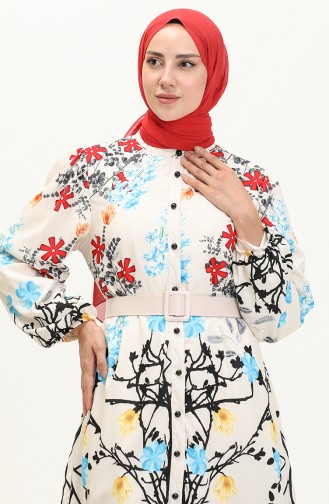 Robe à Ceinture et à Motifs 1028-01 Écru 1028-01