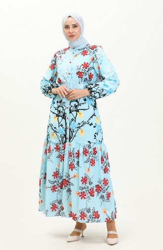Desenli Kemerli Elbise 1028-04 Turkuaz