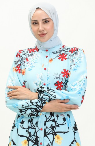 Desenli Kemerli Elbise 1028-04 Turkuaz