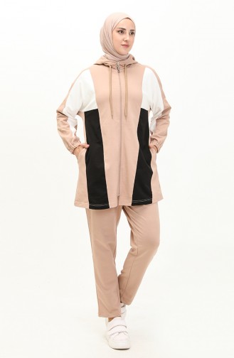 Hooded Garnished Tracksuit Set 70095-01 Beige 70095-01