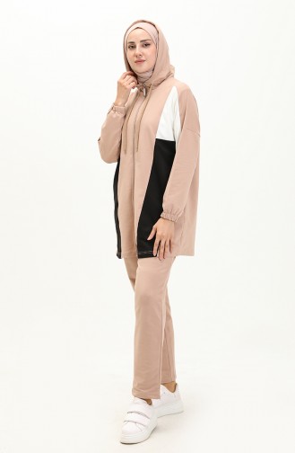 Hooded Garnished Tracksuit Set 70095-01 Beige 70095-01