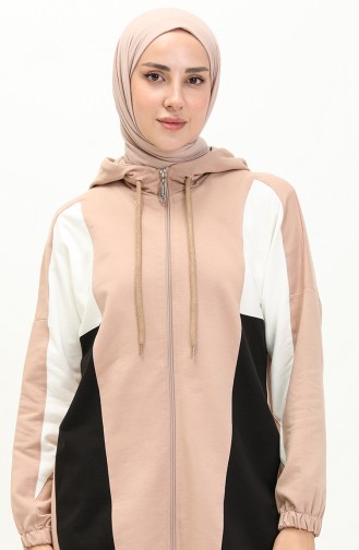 Hooded Garnished Tracksuit Set 70095-01 Beige 70095-01