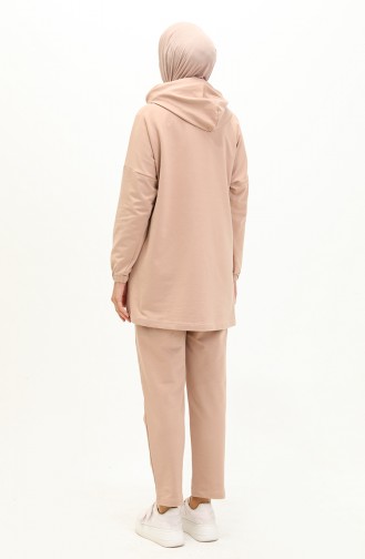 Hooded Garnished Tracksuit Set 70095-01 Beige 70095-01