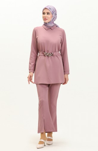 Chain Belted Two Piece Suit 70007-03 Dark Lilac 70007-03
