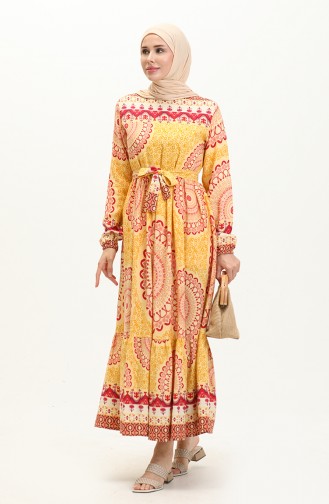 Desenli Elbise 0061-01 Sarı