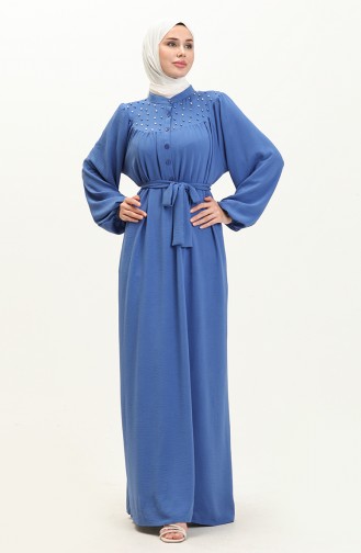 Perlenbesetztes Kleid mit Gürtel 1022-05 Indigo 1022-05