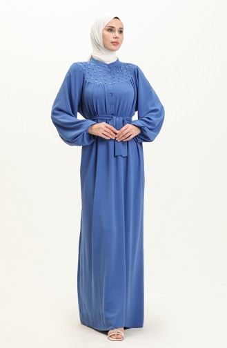 Perlenbesetztes Kleid mit Gürtel 1022-05 Indigo 1022-05