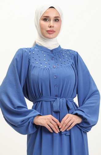 Perlenbesetztes Kleid mit Gürtel 1022-05 Indigo 1022-05