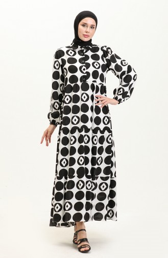 Viskosekleid mit elastischen Ärmeln 24Y8974A-02 Schwarz Weiß 24Y8974A-02