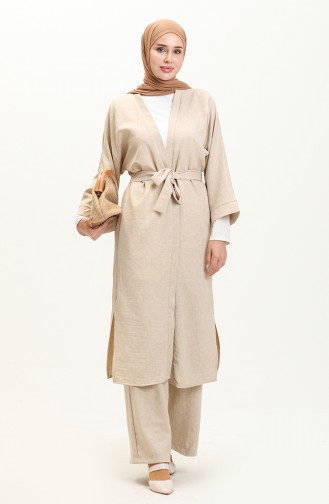 Kimono-Set mit Gürtel 24Y9016-06 Dunkelbeige 24Y9016-06