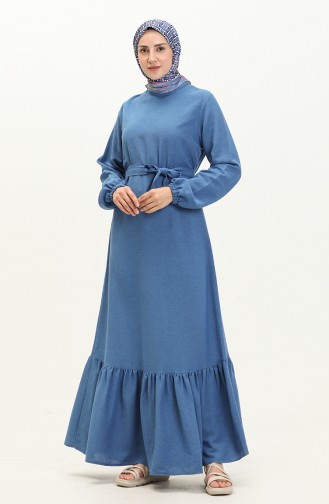 Plus Size Dress Long Sleeve Women`s Hijab Dress Pleated 8690 Indigo 8690.İndigo