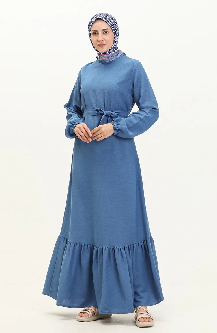 Plus Size Kleid Langarm Damen Hijab Kleid Plissee 8690 Indigo 8690.İndigo