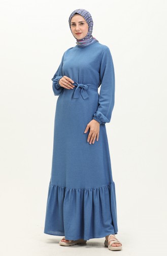 Plus Size Dress Long Sleeve Women`s Hijab Dress Pleated 8690 Indigo 8690.İndigo