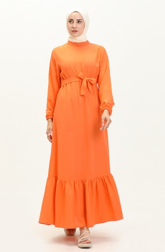 Plus Size Jurk Lange Mouw Dames Hijab Jurk Geplooid 8690 Oranje 8690.TURUNCU