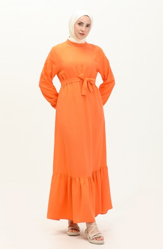 Plus Size Jurk Lange Mouw Dames Hijab Jurk Geplooid 8690 Oranje 8690.TURUNCU