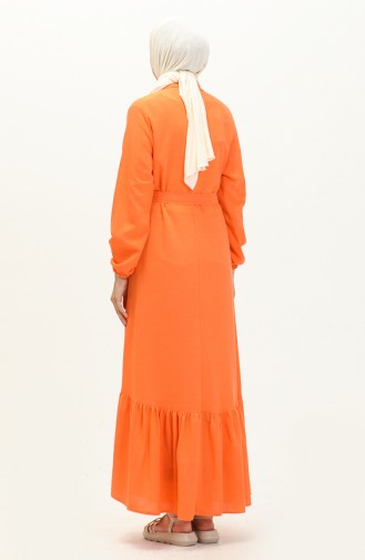 Plus Size Jurk Lange Mouw Dames Hijab Jurk Geplooid 8690 Oranje 8690.TURUNCU