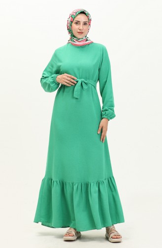 Plus Size Dress Long Sleeve Women`s Hijab Dress Pleated 8690 Green 8690.Yeşil