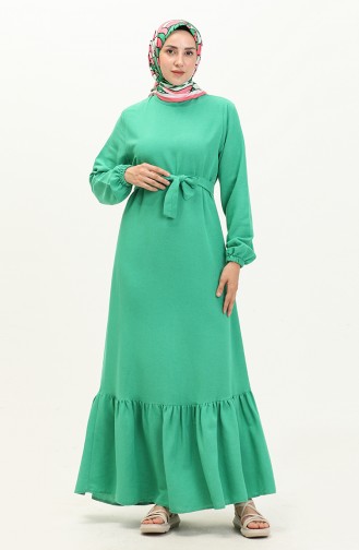 Robe Grande Taille à Manches Longues Pour Femme Robe Hijab Plissée 8690 Vert 8690.Yeşil