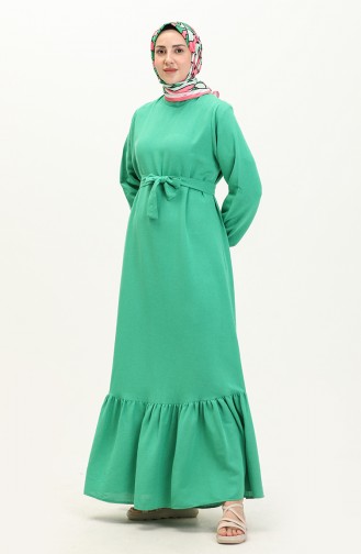 Plus Size Dress Long Sleeve Women`s Hijab Dress Pleated 8690 Green 8690.Yeşil