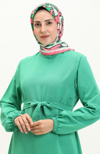 Plus Size Dress Long Sleeve Women`s Hijab Dress Pleated 8690 Green 8690.Yeşil