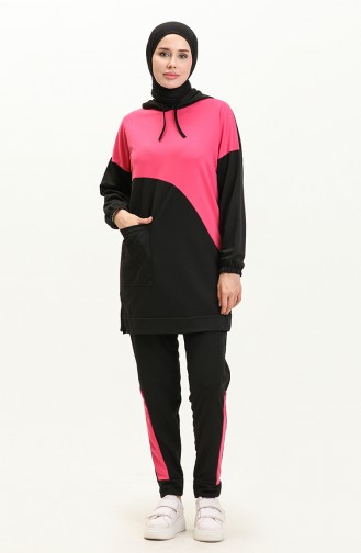 Renk Bloklu Tunik Pantolon İkili Takım 11022-02 Fuşya