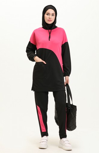 Renk Bloklu Tunik Pantolon İkili Takım 11022-02 Fuşya