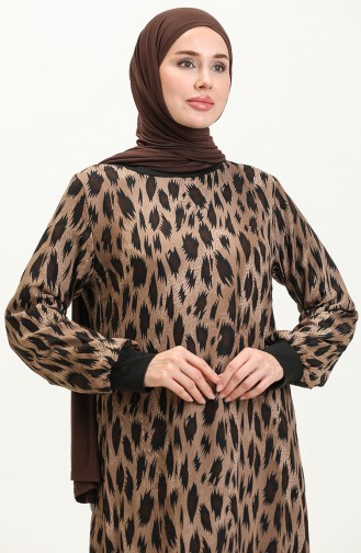 Ribanalı Leopar Desenli Vual Elbise 0101-03 Vizon Kahverengi 0101-03