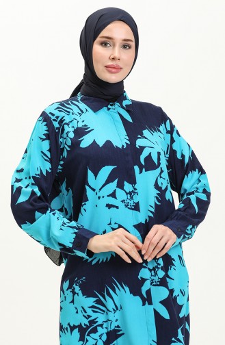 Viskose gemustertes Hemd Tunika 0100C-01 Marineblau Türkis 0100C-01